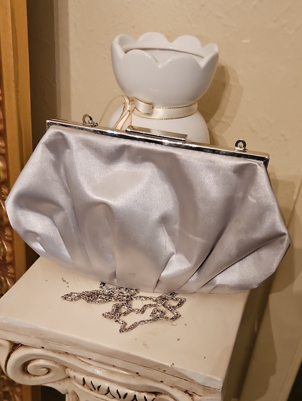 Lula Townsend Elegant Satin Evening Clutch Bag - Silver, Gently Worn